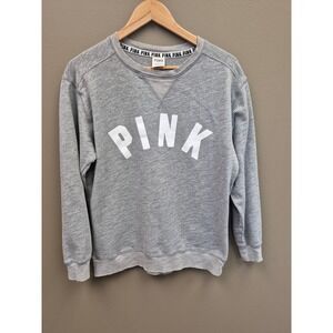 Victoria Secret PINK XS Womens Distressed Sweatshirt Gray Logo‎ Crewneck